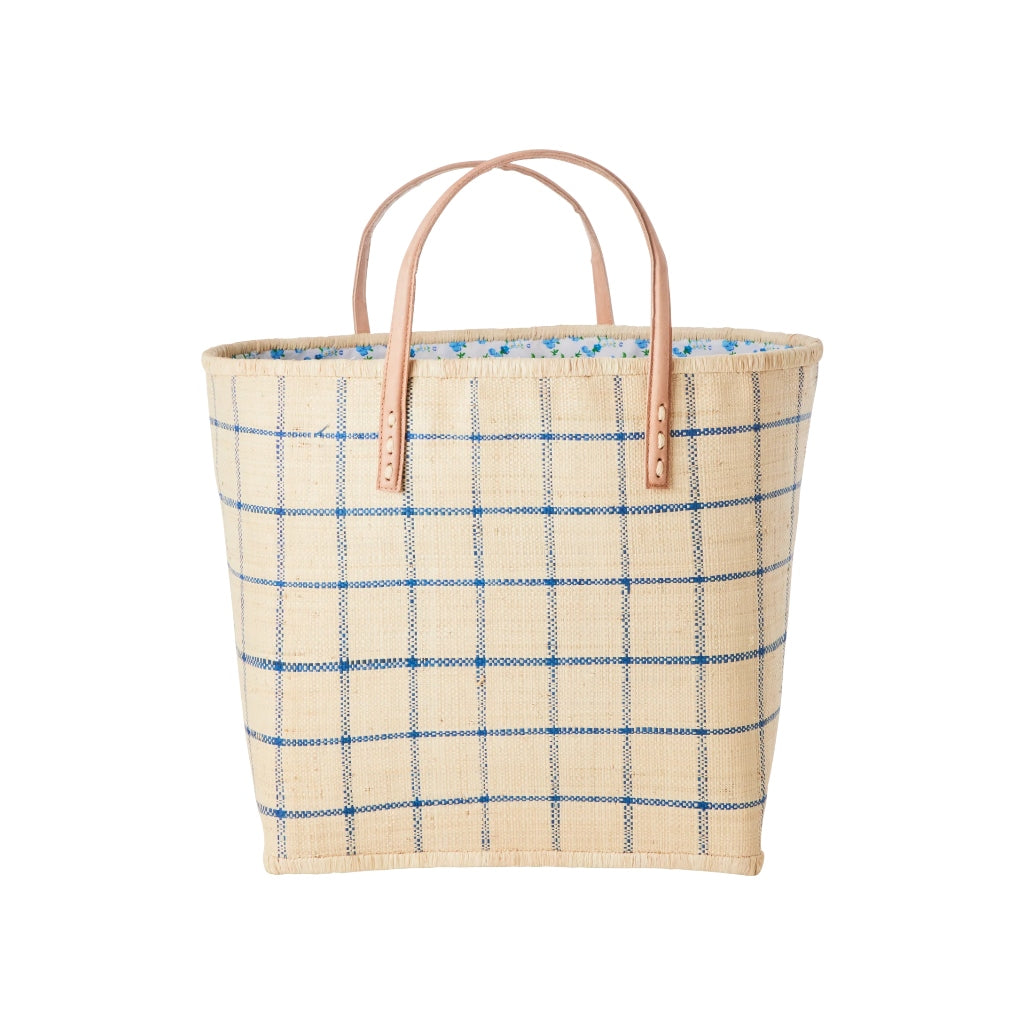 Navy Blue Checker Raffia Bag