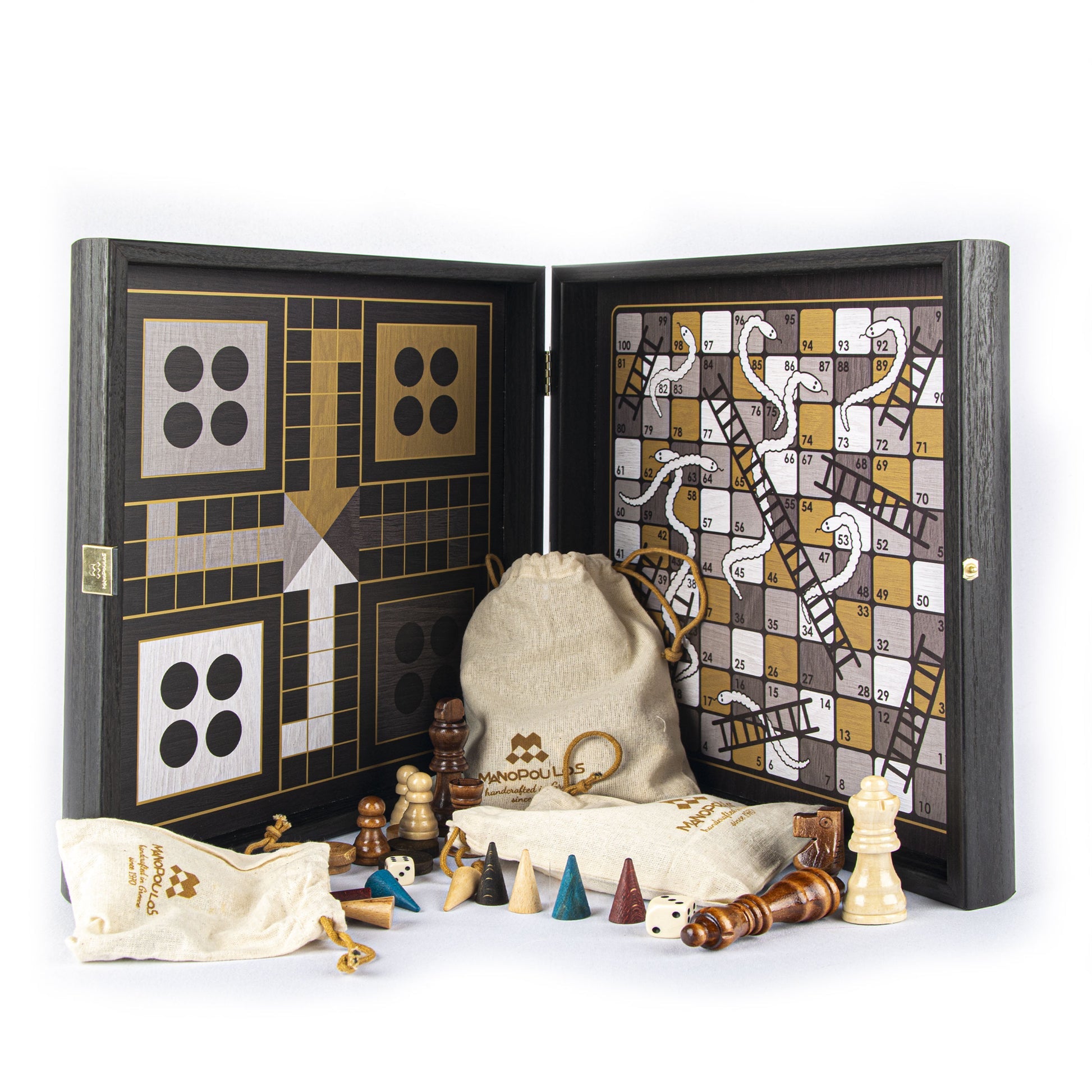 Retro Design 4-in-1 Combo Game Set: Chess, Backgammon, Ludo & Snakes