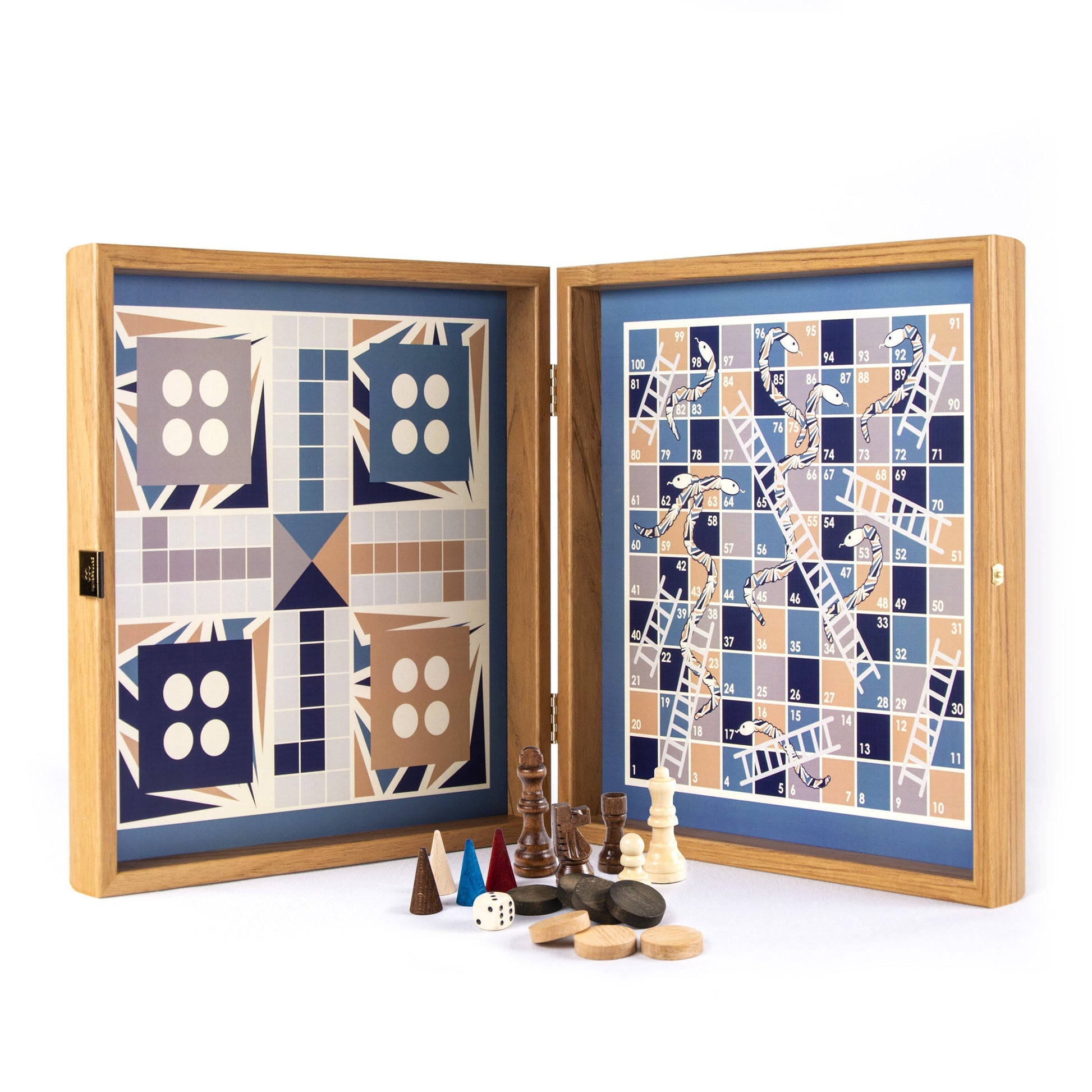 Retro Design 4-in-1 Combo Game Set: Chess, Backgammon, Ludo & Snakes