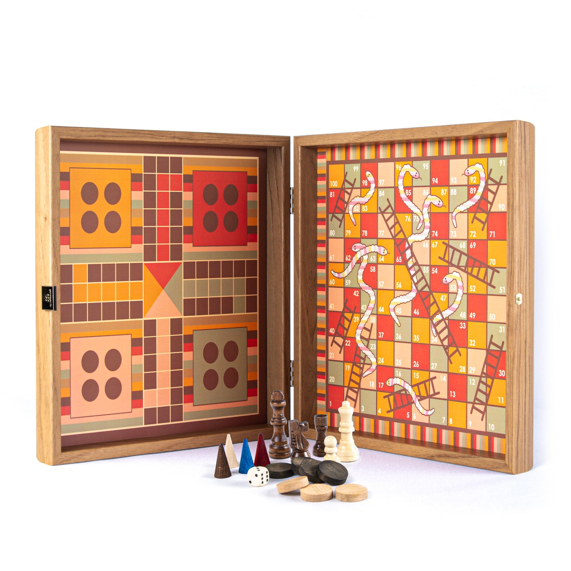 Retro Design 4-in-1 Combo Game Set: Chess, Backgammon, Ludo & Snakes