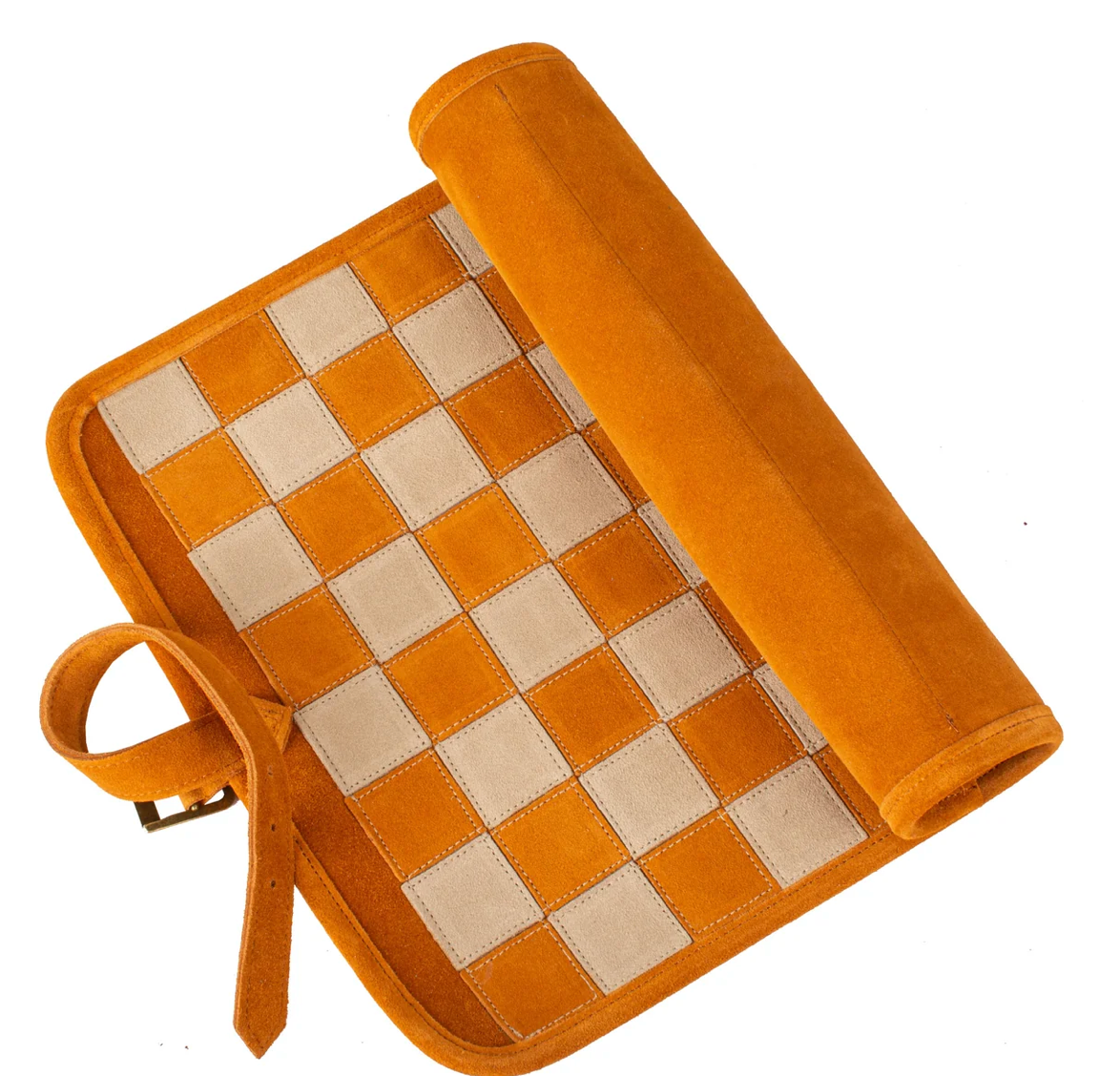 Manopoulos Premium Handcrafted Cinnamon Brown Suede Roll-Up Chess Set with Metal Chessmen