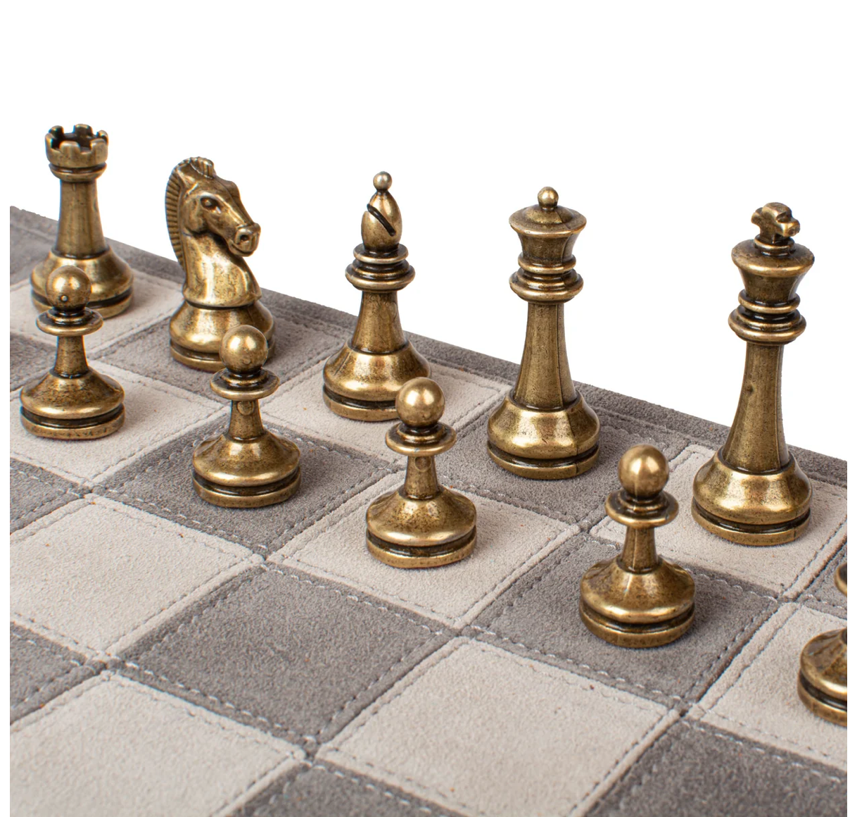 Manopoulos Premium Handcrafted Cinnamon Brown Suede Roll-Up Chess Set with Metal Chessmen