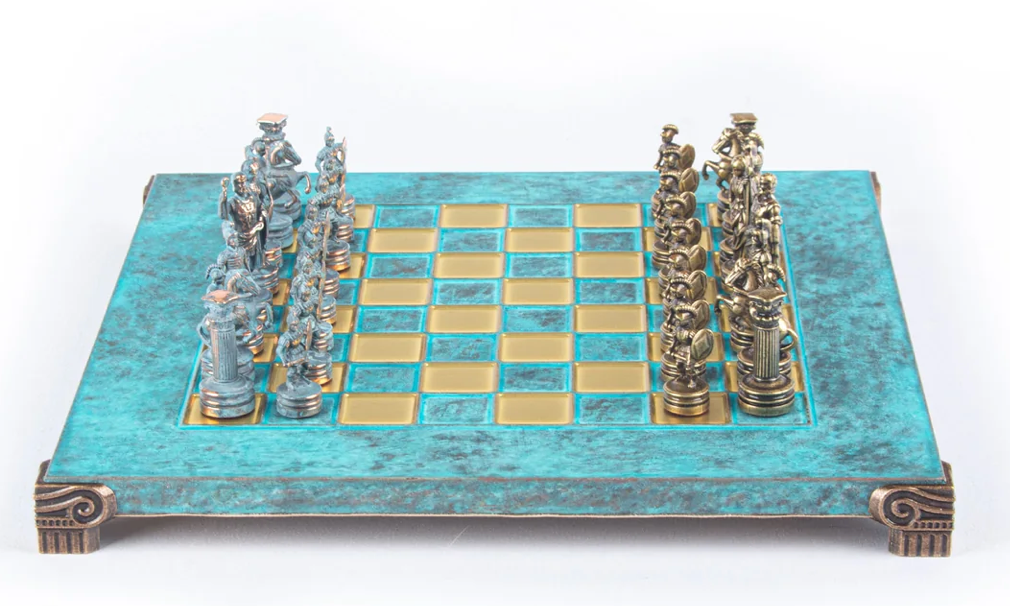 Manopoulos Handcrafted Greek Roman Period Chess Set - Blue & Browm Chessmen with Bronze Board (Small)