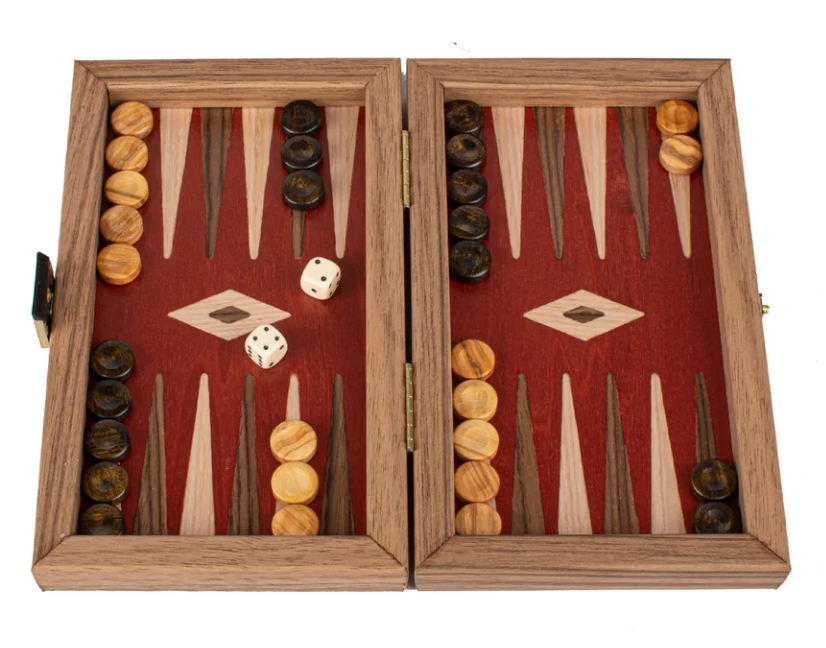 Manopoulos Handcrafted Walnut with Red Oak Backgammon Set - Elegant Marquetry Design