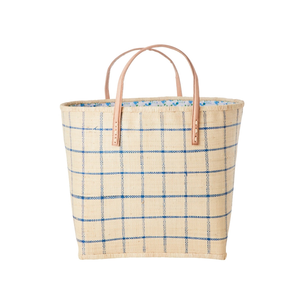 Navy Blue Checker Raffia Bag