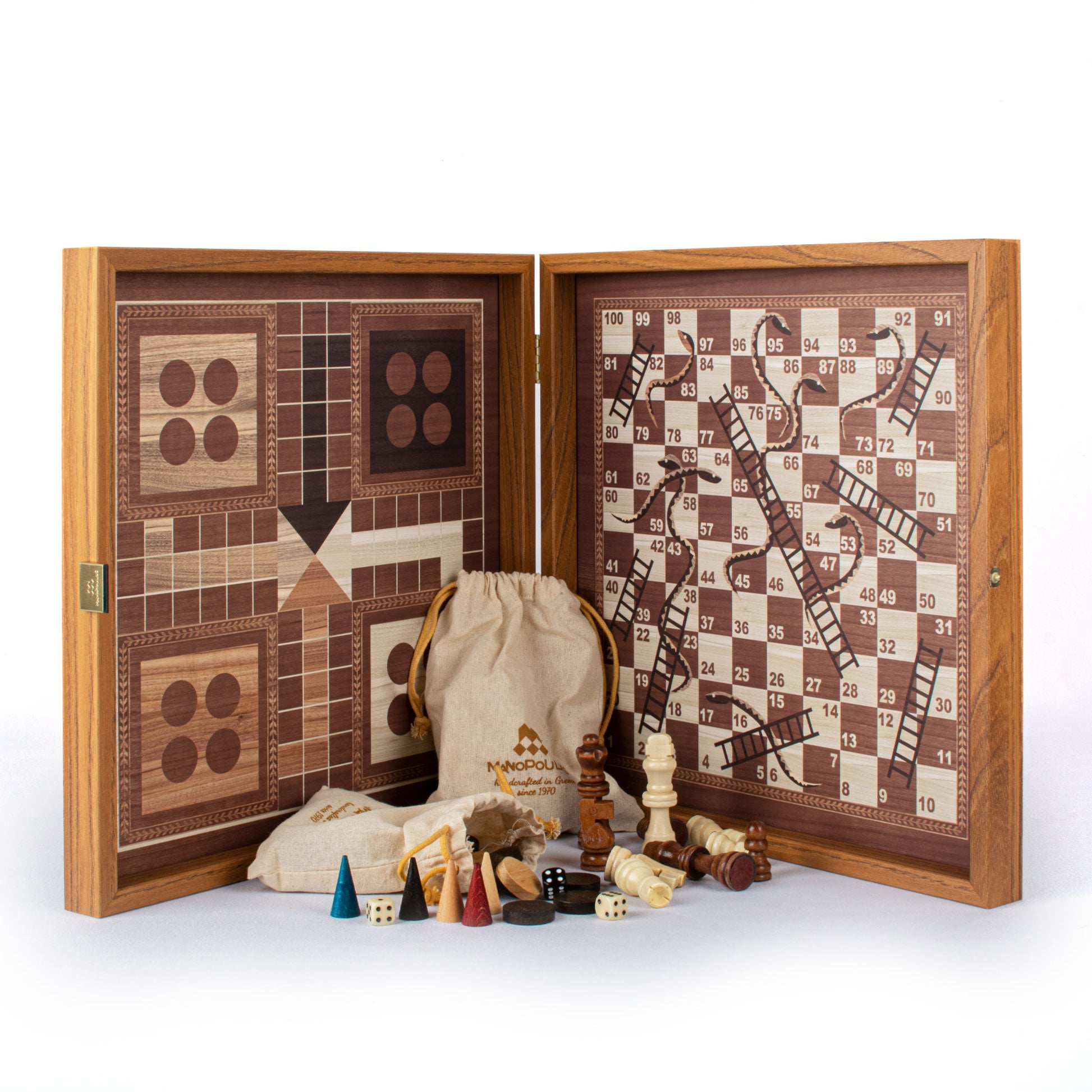 Retro Design 4-in-1 Combo Game Set: Chess, Backgammon, Ludo & Snakes