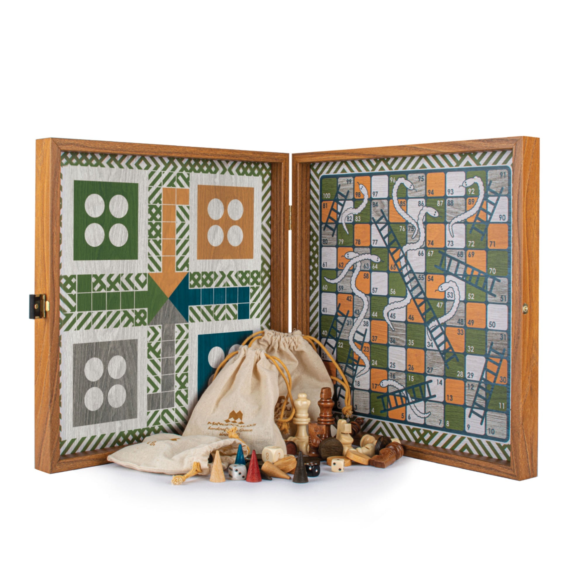 Retro Design 4-in-1 Combo Game Set: Chess, Backgammon, Ludo & Snakes