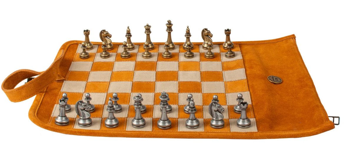 Manopoulos Premium Handcrafted Cinnamon Brown Suede Roll-Up Chess Set with Metal Chessmen