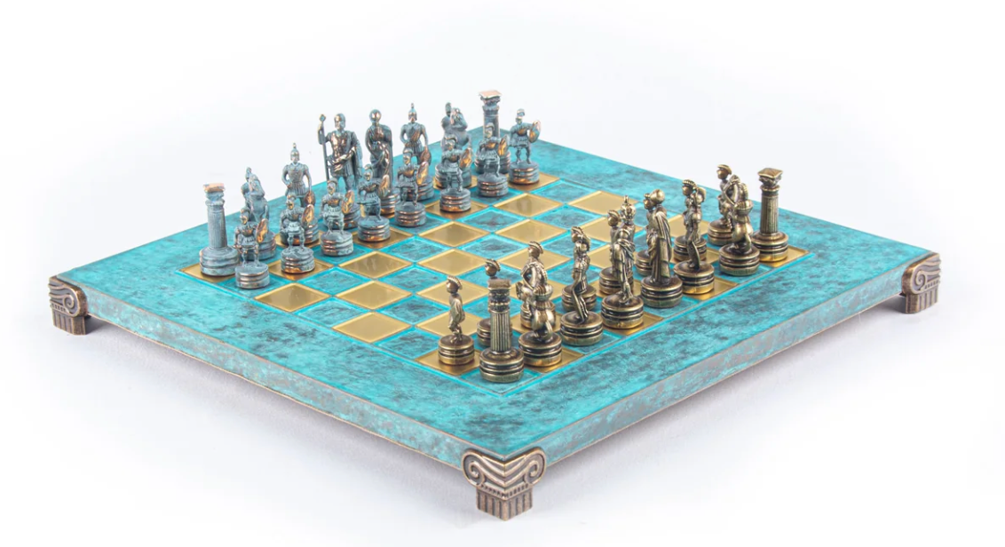Manopoulos Handcrafted Greek Roman Period Chess Set - Blue & Browm Chessmen with Bronze Board (Small)