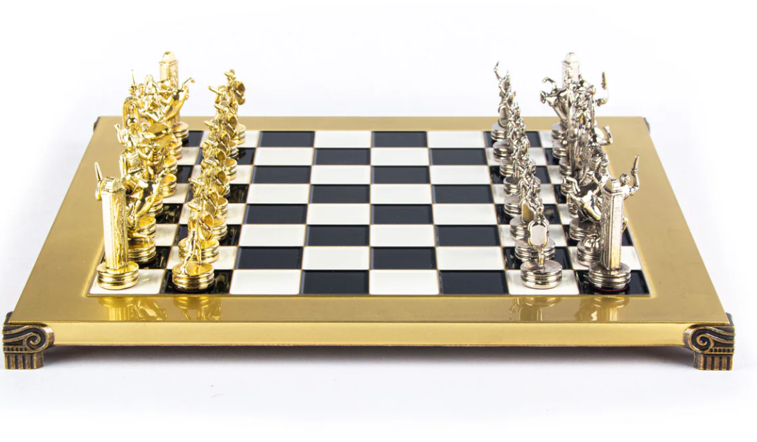 Manopoulos Handcrafted Greek Mythology Chess Set - Gold & Silver Chessmen with Bronze Board (Medium)