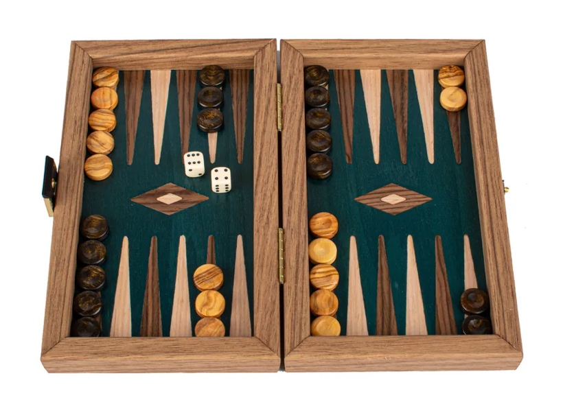 Manopoulos Handcrafted Walnut with Green Oak Backgammon Set - Elegant Marquetry Design